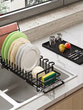 KOSIWU in Sink Dish Drying Rack with Silicone Mat, Expandable Dishes Black